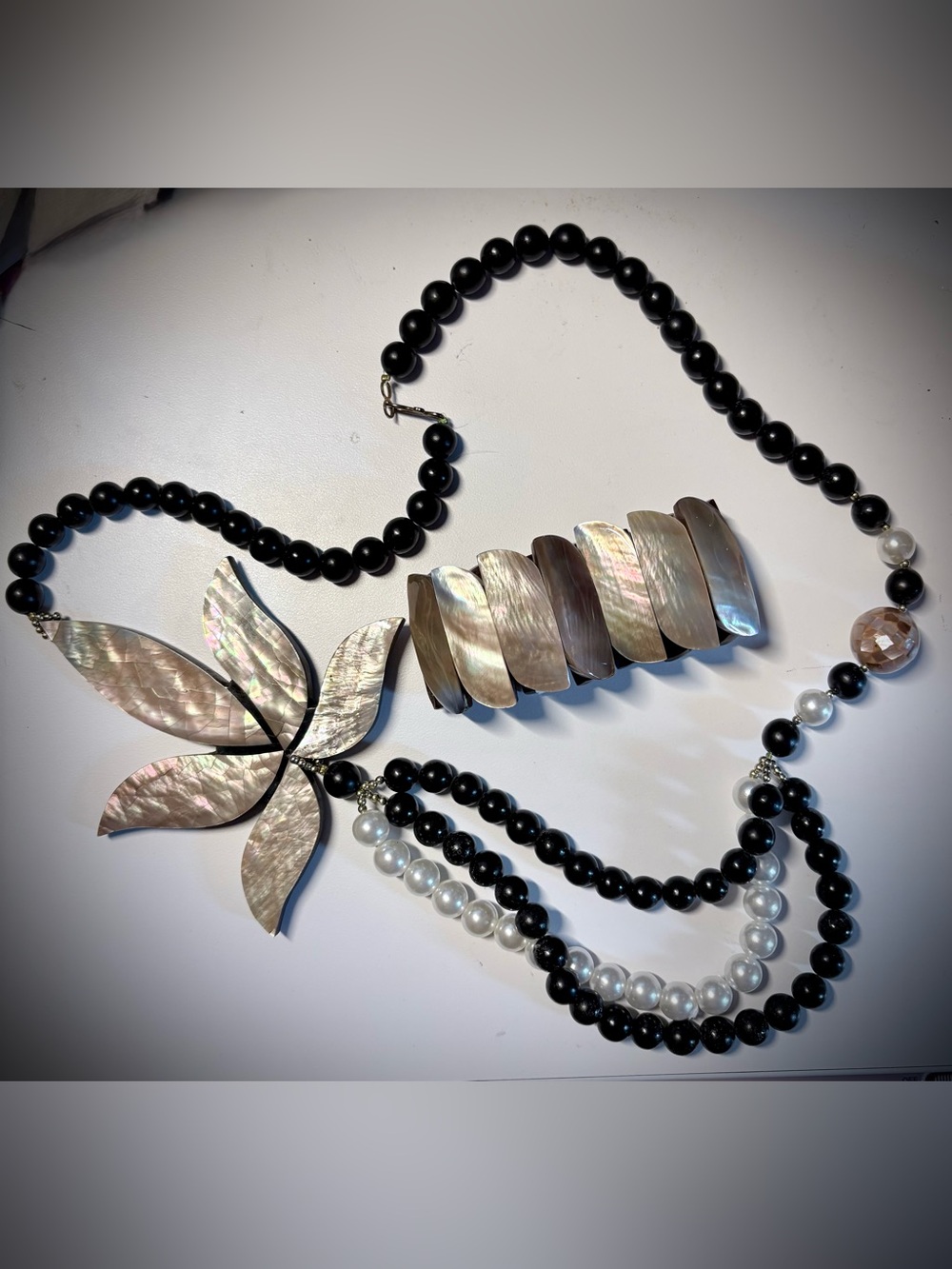 Black Bead and Pearl Statement Necklace with Abalone Plus Bonus Bracelet